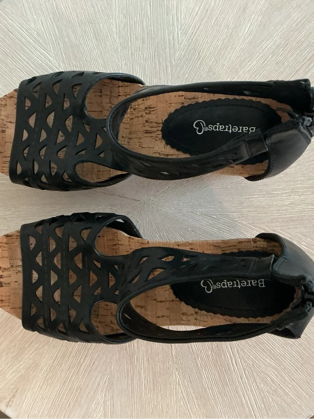 243. Bear Traps Black Laser-Cut Cork Platform Wedge Sandals